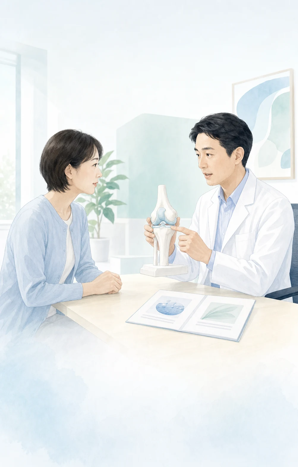 PRPとヒアルロン酸注射の違いを医療者と相談する日本人患者の生成イラスト