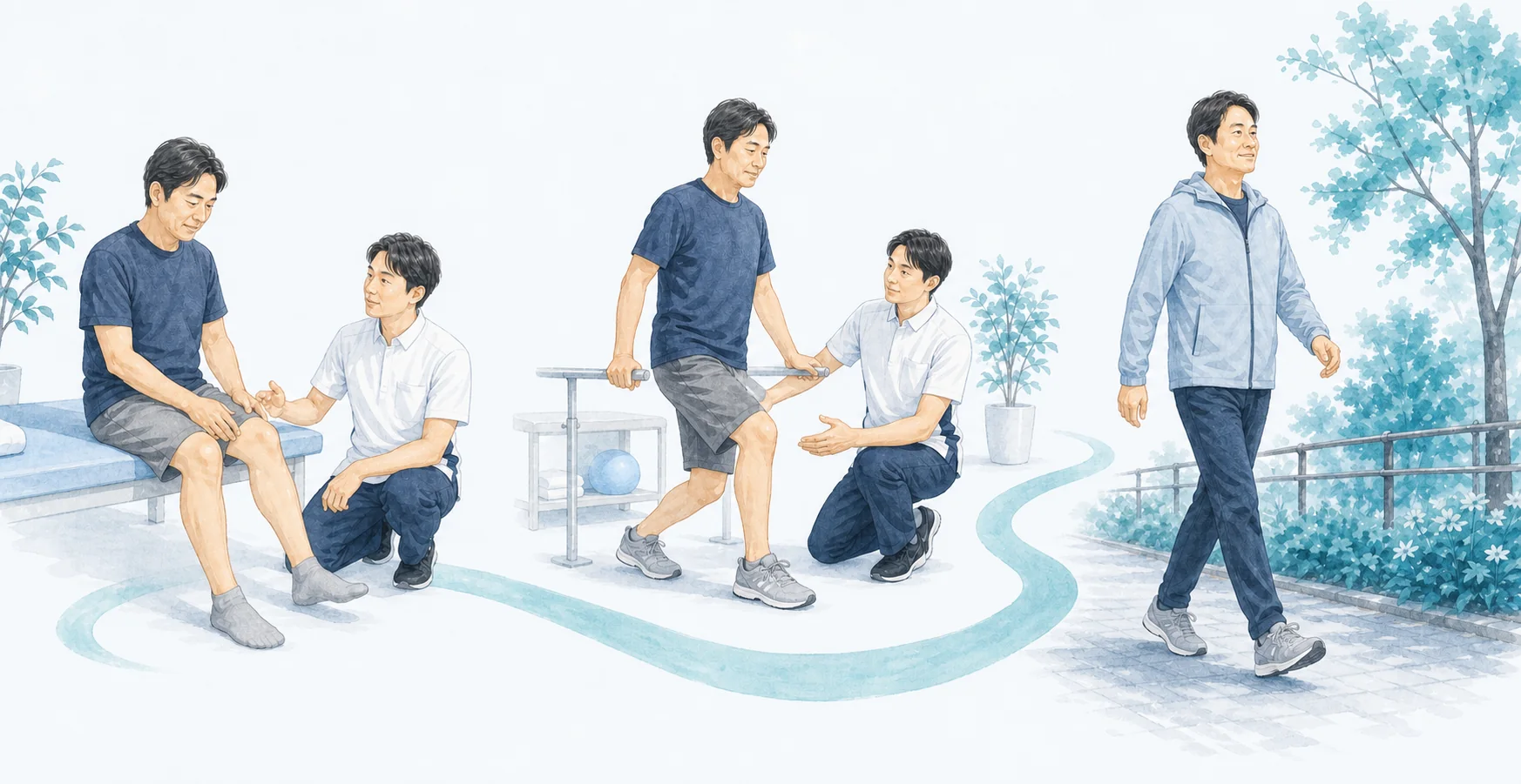 状態確認から運動、生活復帰までを表す医療イラスト