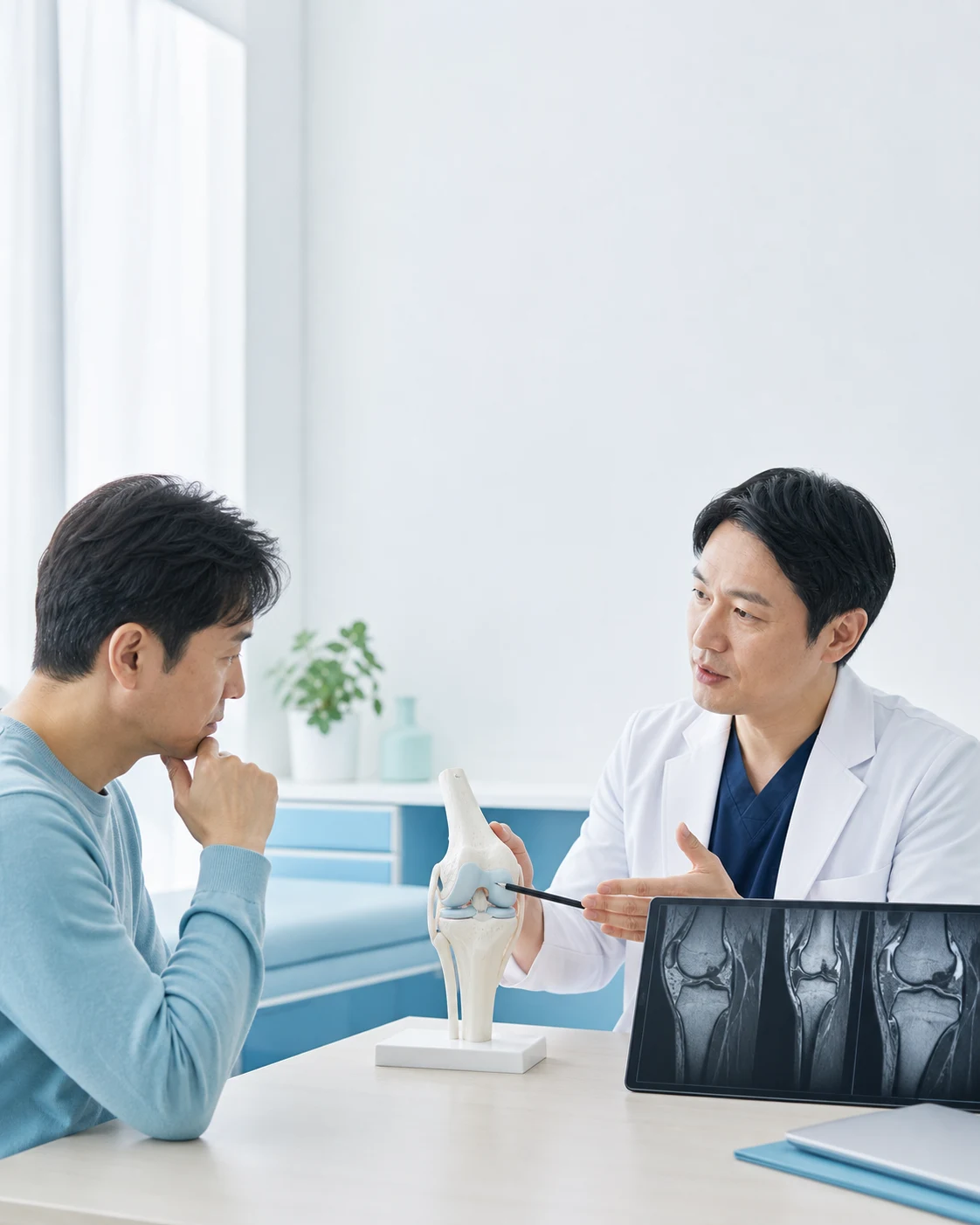 膝模型とMRIを見ながら軟骨について説明を受ける生成イラスト