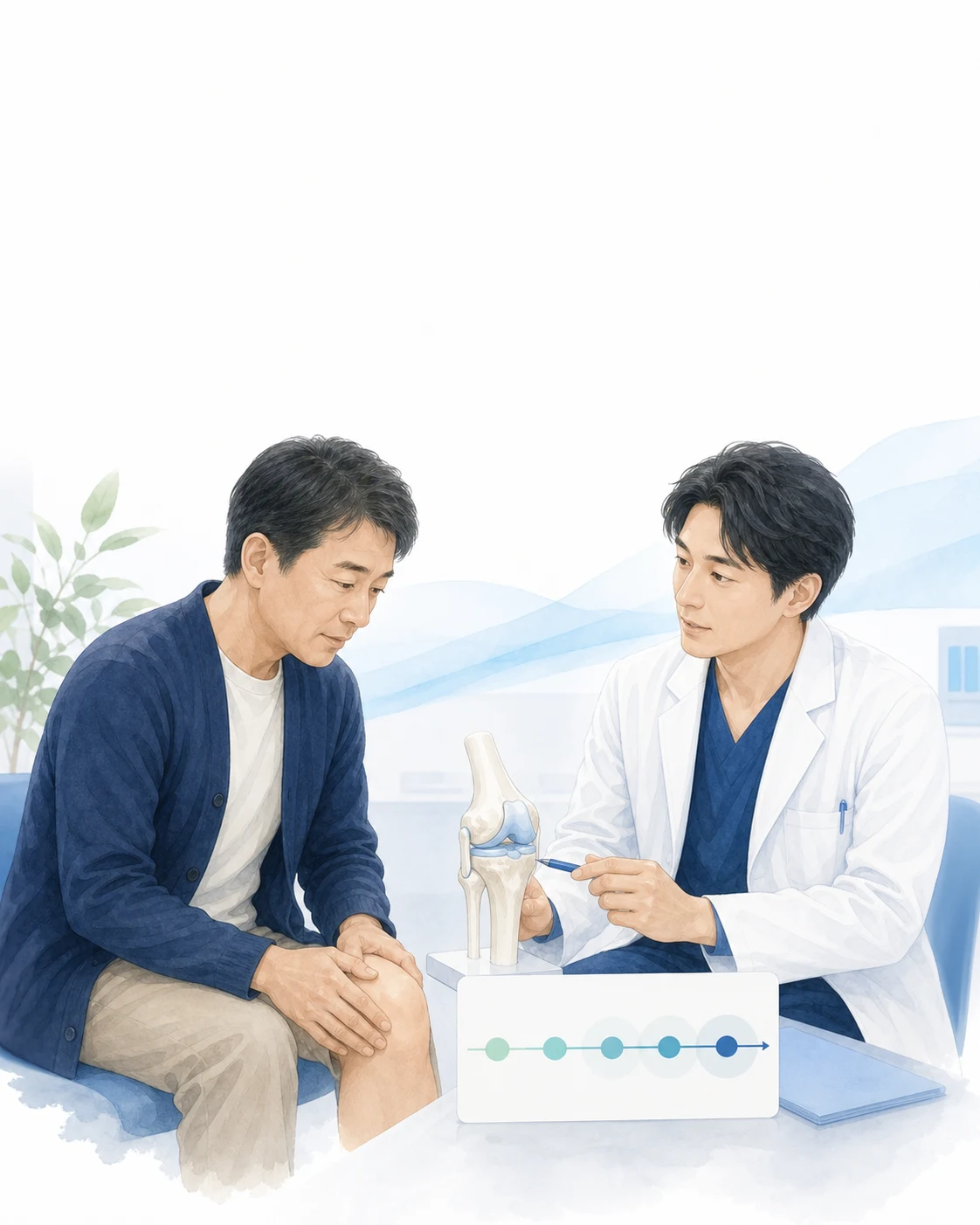 PRP後の経過を医師と確認する日本人患者の生成イラスト