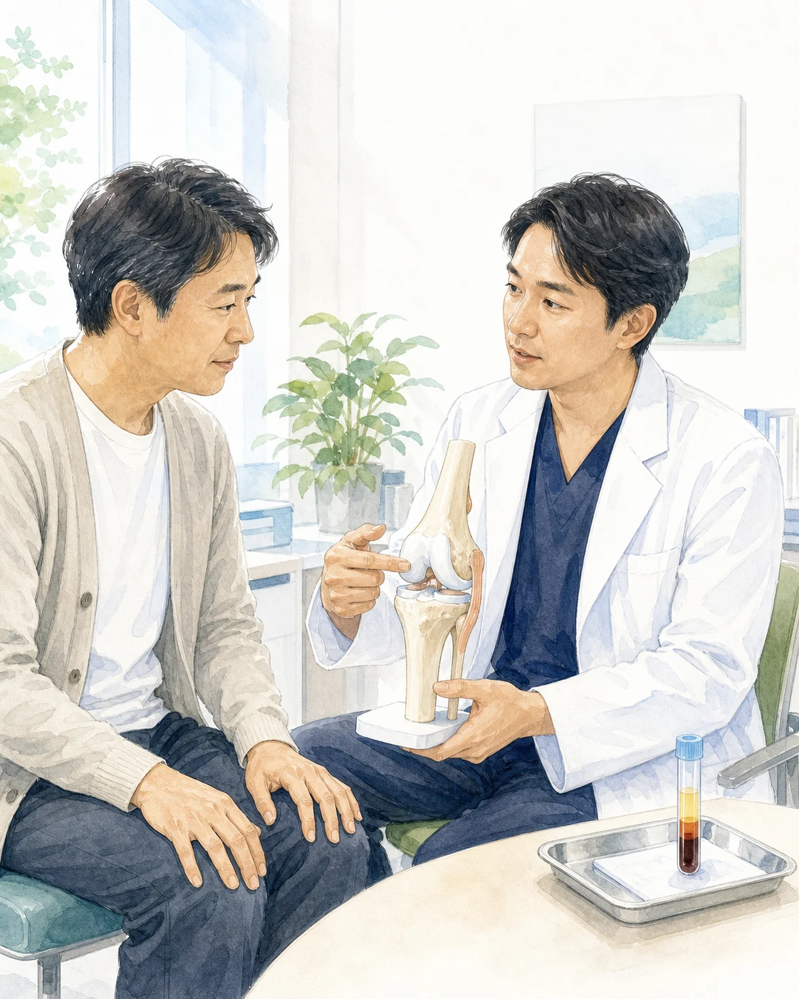 膝模型を見ながらPRPの治療選択を相談する場面を描いた生成イラスト