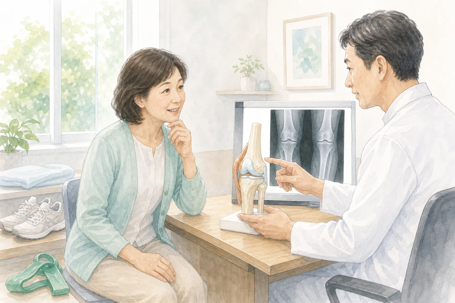膝模型と画像を見ながらPRPの適応について相談する場面を描いた生成イラスト