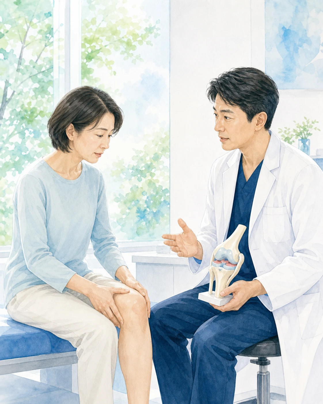半月板損傷について医師へ相談する日本人患者を描いたイメージ