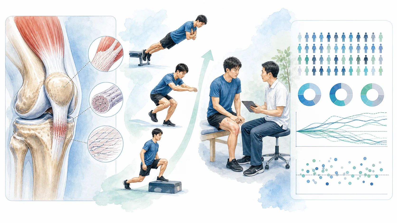 膝蓋腱障害の運動療法とPRP研究を整理した横長の図解