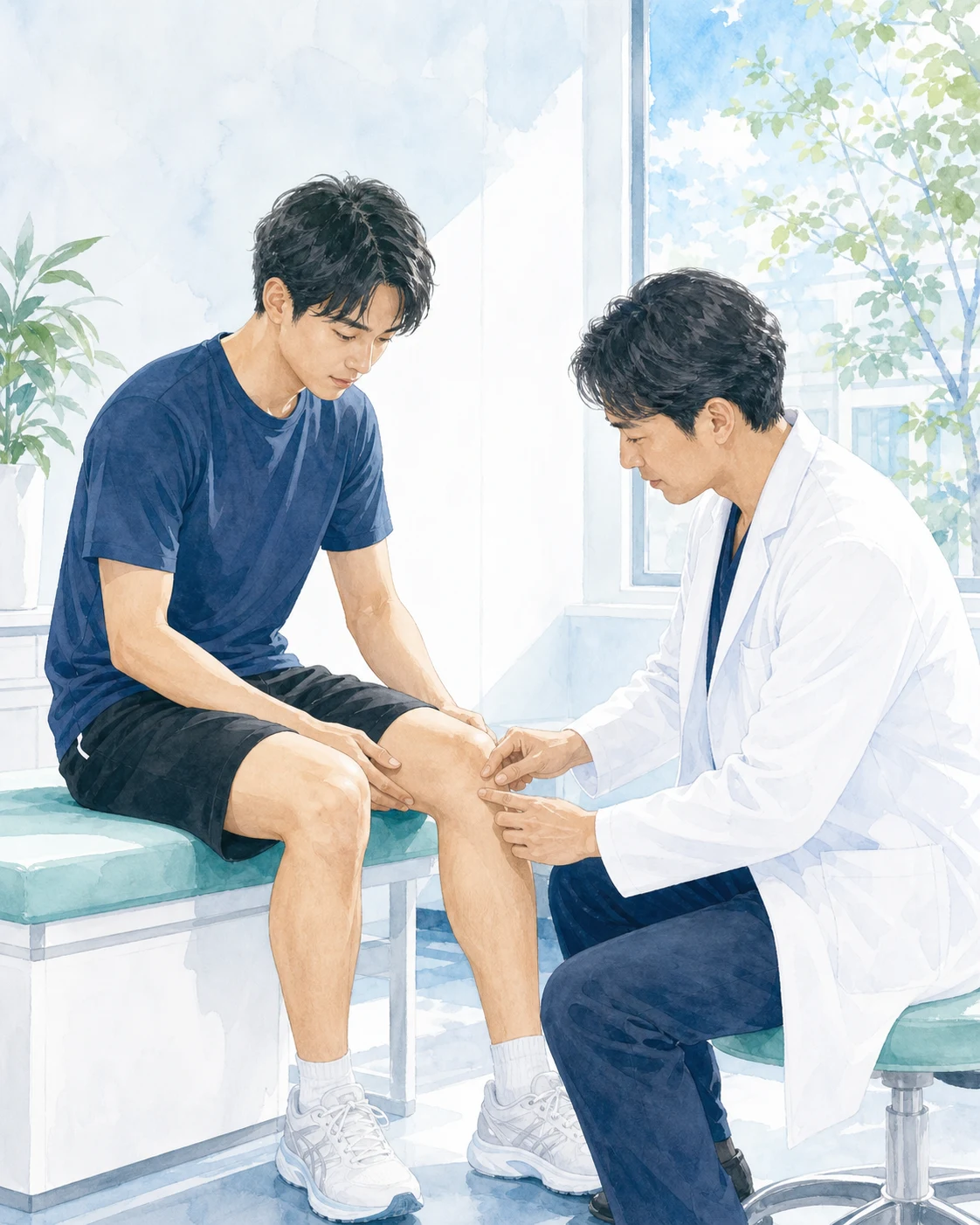 膝蓋腱障害について診察を受ける日本人スポーツ患者を描いたイメージ