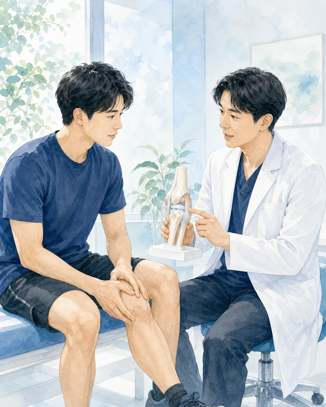 膝靱帯損傷について医師から説明を受ける日本人患者を描いたイメージ