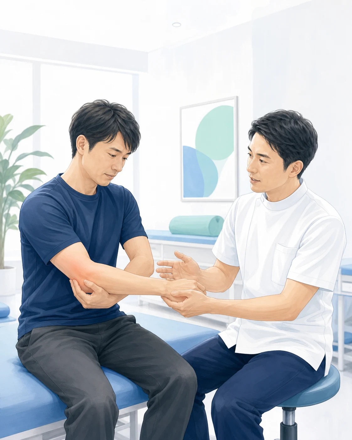 テニス肘について医療者と相談する日本人患者の生成イラスト