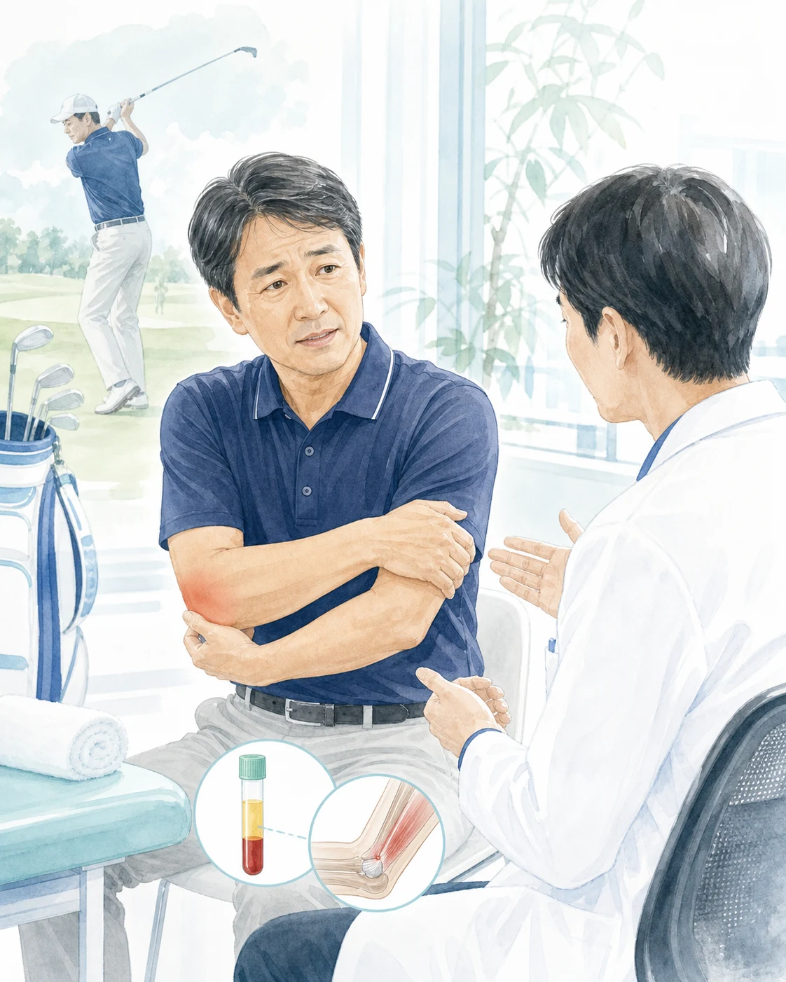 ゴルフ肘について相談する日本人患者のイメージ