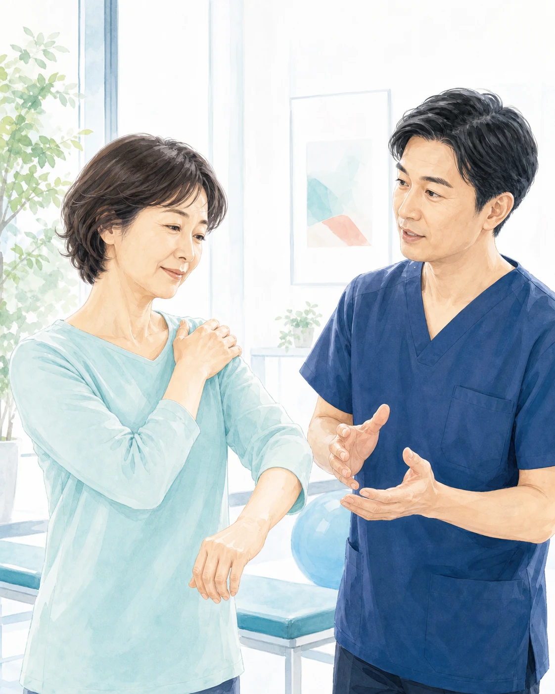 肩関節周囲炎について医師へ相談する日本人患者を描いたイメージ