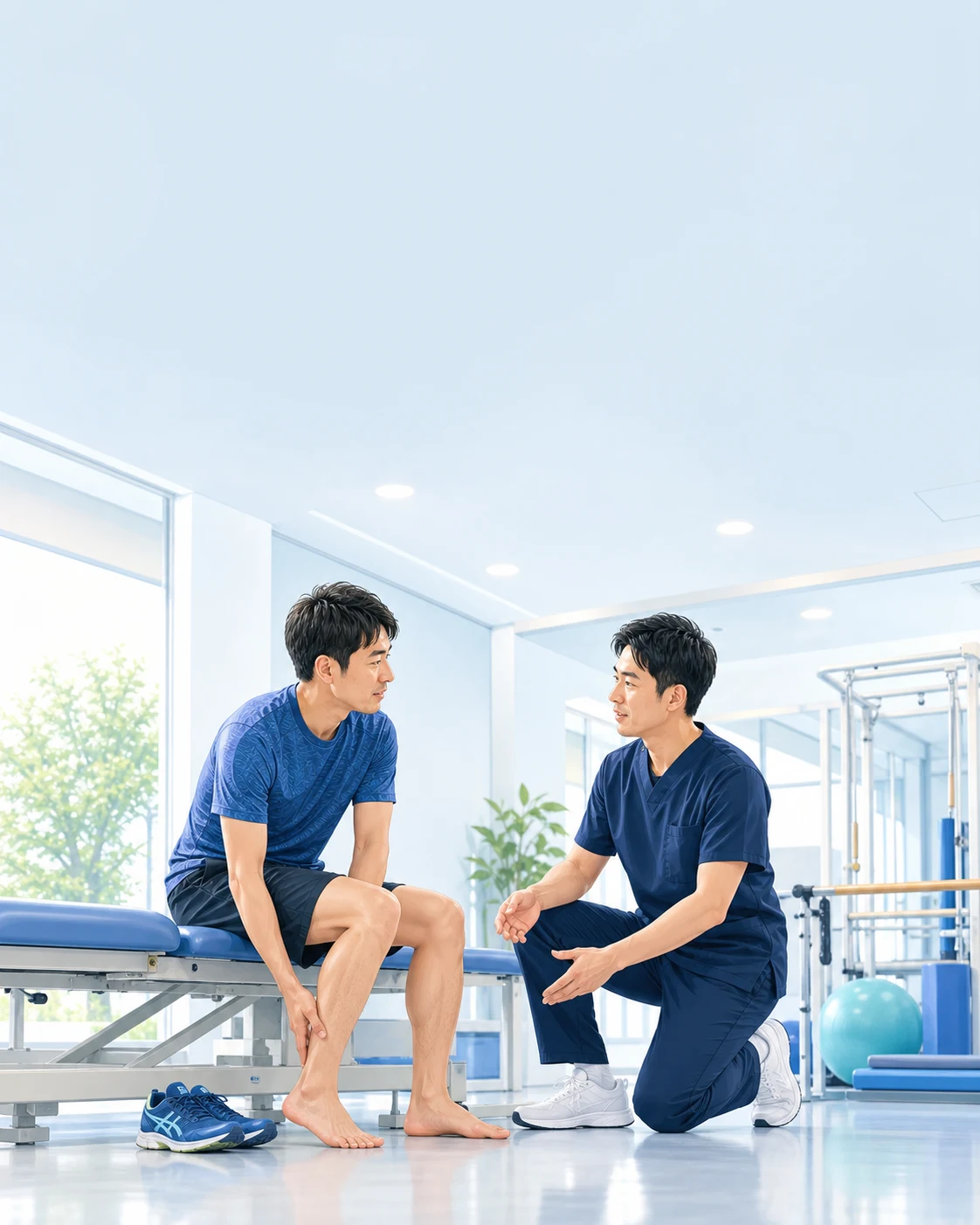 アキレス腱障害について相談する患者と医療者を描いた生成イラスト