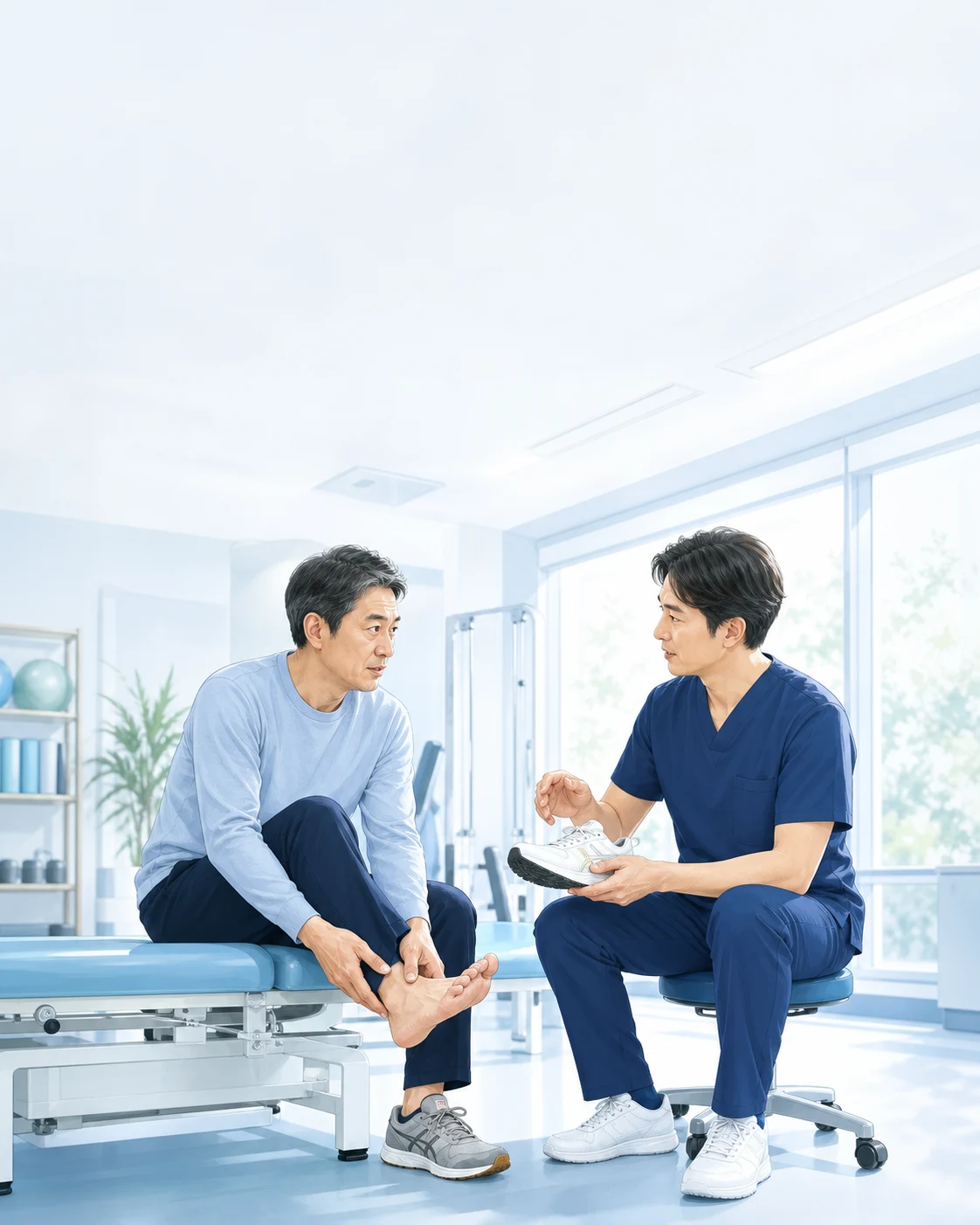 足底部の症状について相談する患者と医療者を描いた生成イラスト