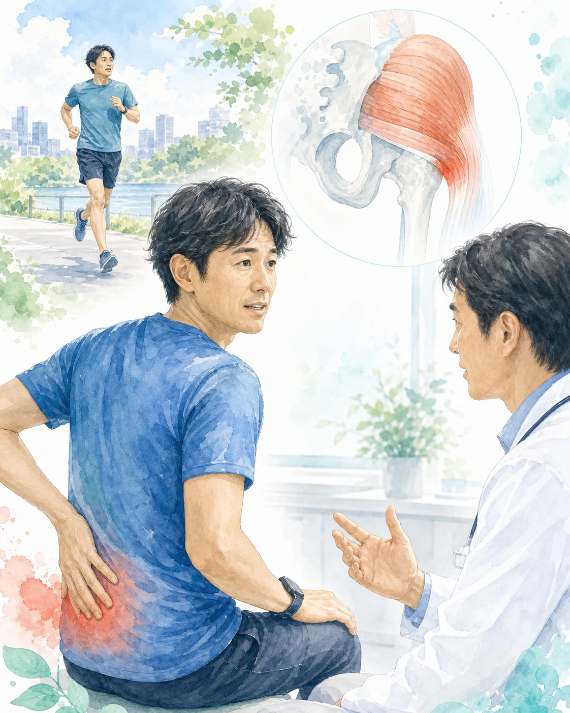 ハムストリング付着部の痛みを相談する日本人患者のイメージ