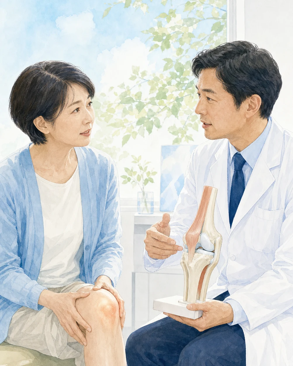 膝蓋大腿関節の痛みについて医師へ相談する日本人患者を描いたイメージ