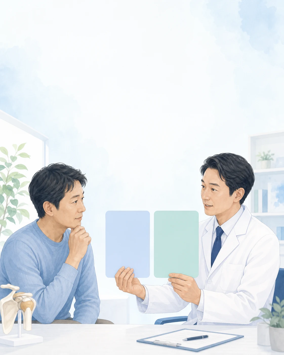 PRPとステロイド注射の選択肢について相談する生成イラスト
