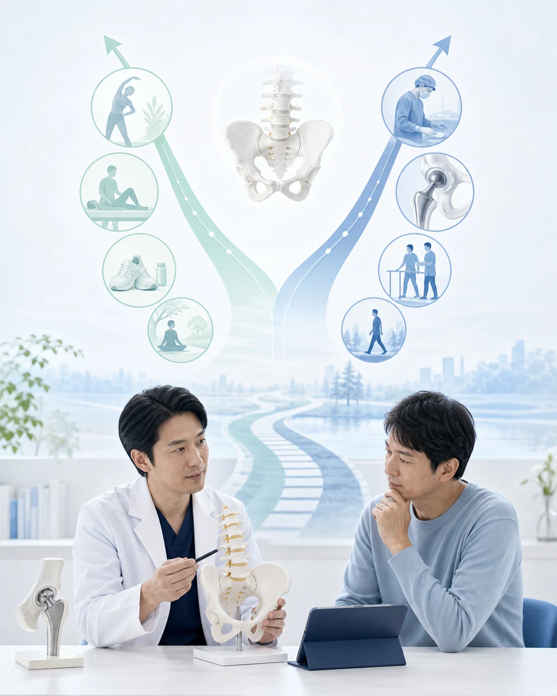 PRPを含む保存治療と手術の選択肢を相談する様子を描いた生成イラスト