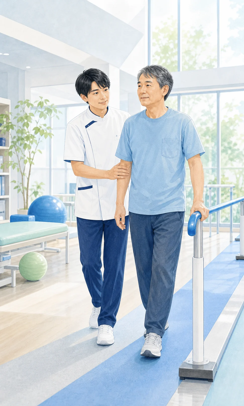 理学療法士と歩行練習を行う患者を描いた生成イラスト