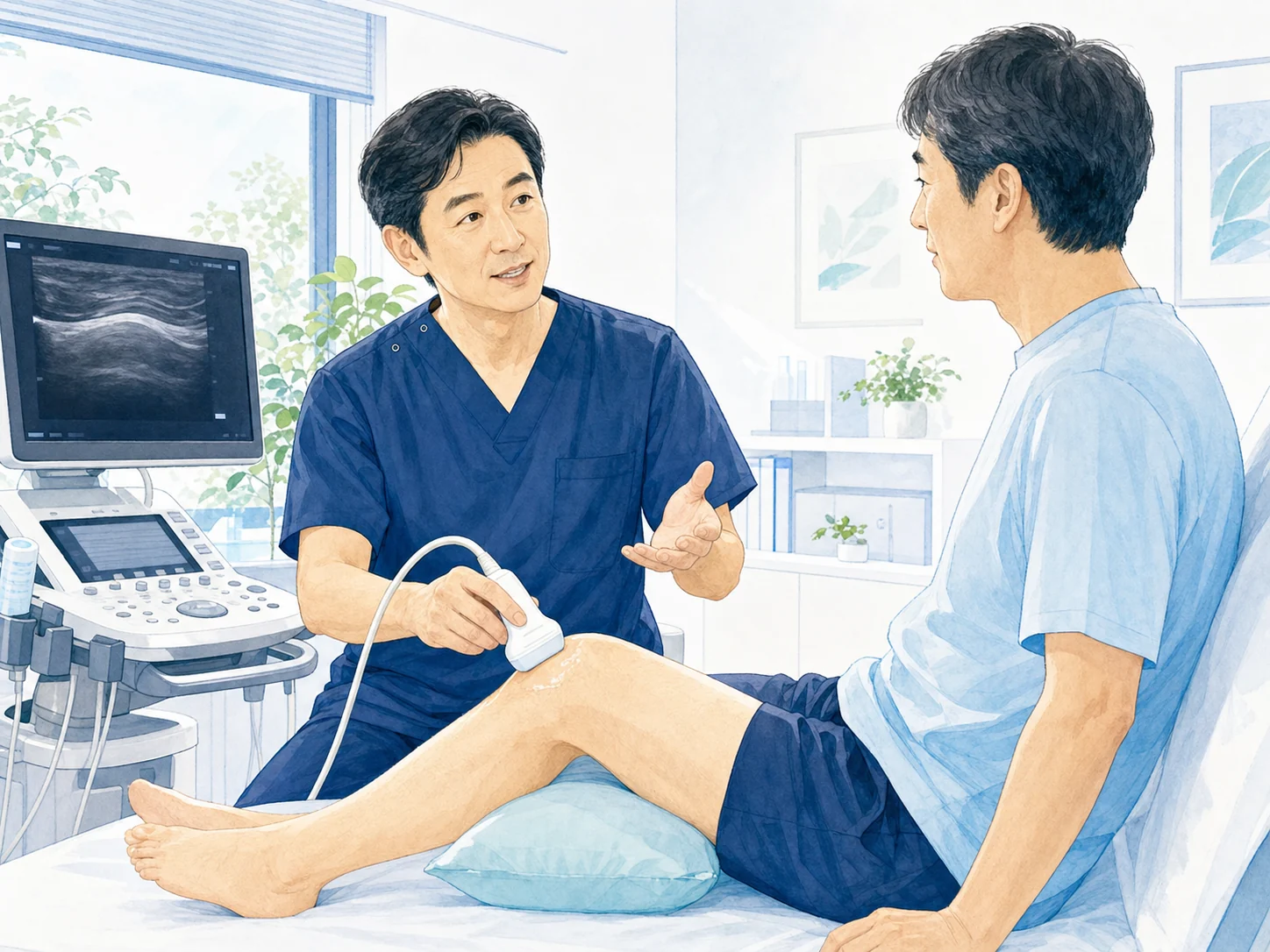 エコーで膝の状態を確認する場面を描いた生成イラスト