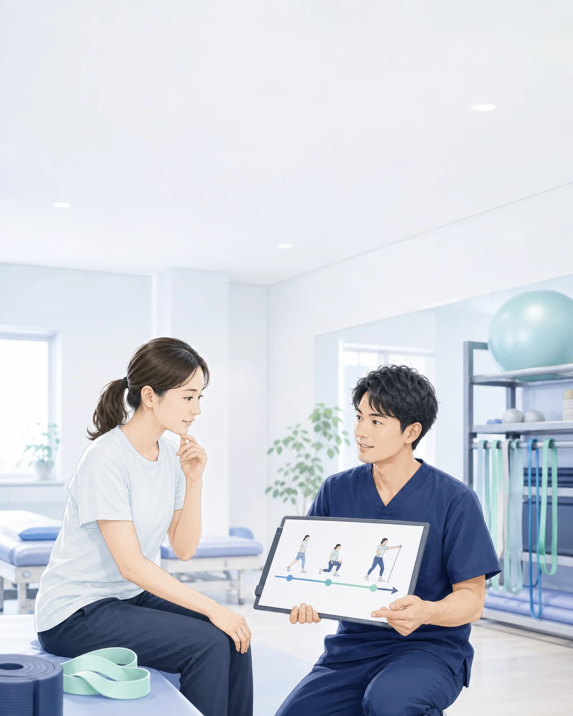 運動再開の段階を相談する患者と理学療法士を描いた生成イラスト