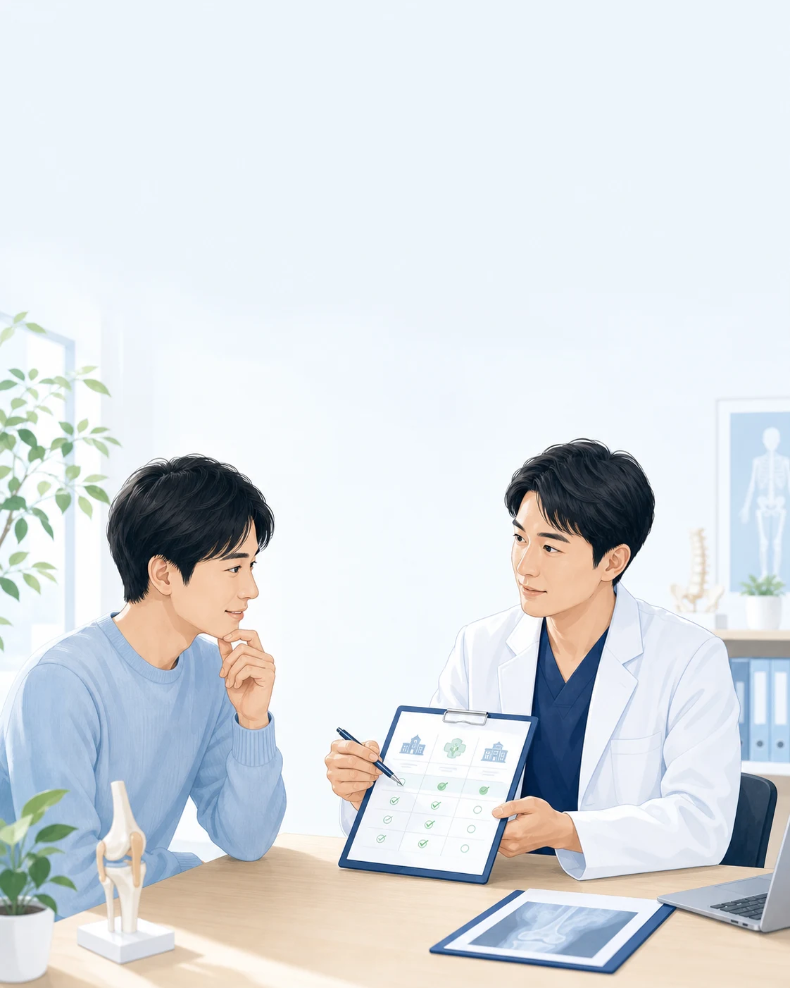 PRP治療を受ける医療機関の選び方を相談する様子を描いた生成イラスト