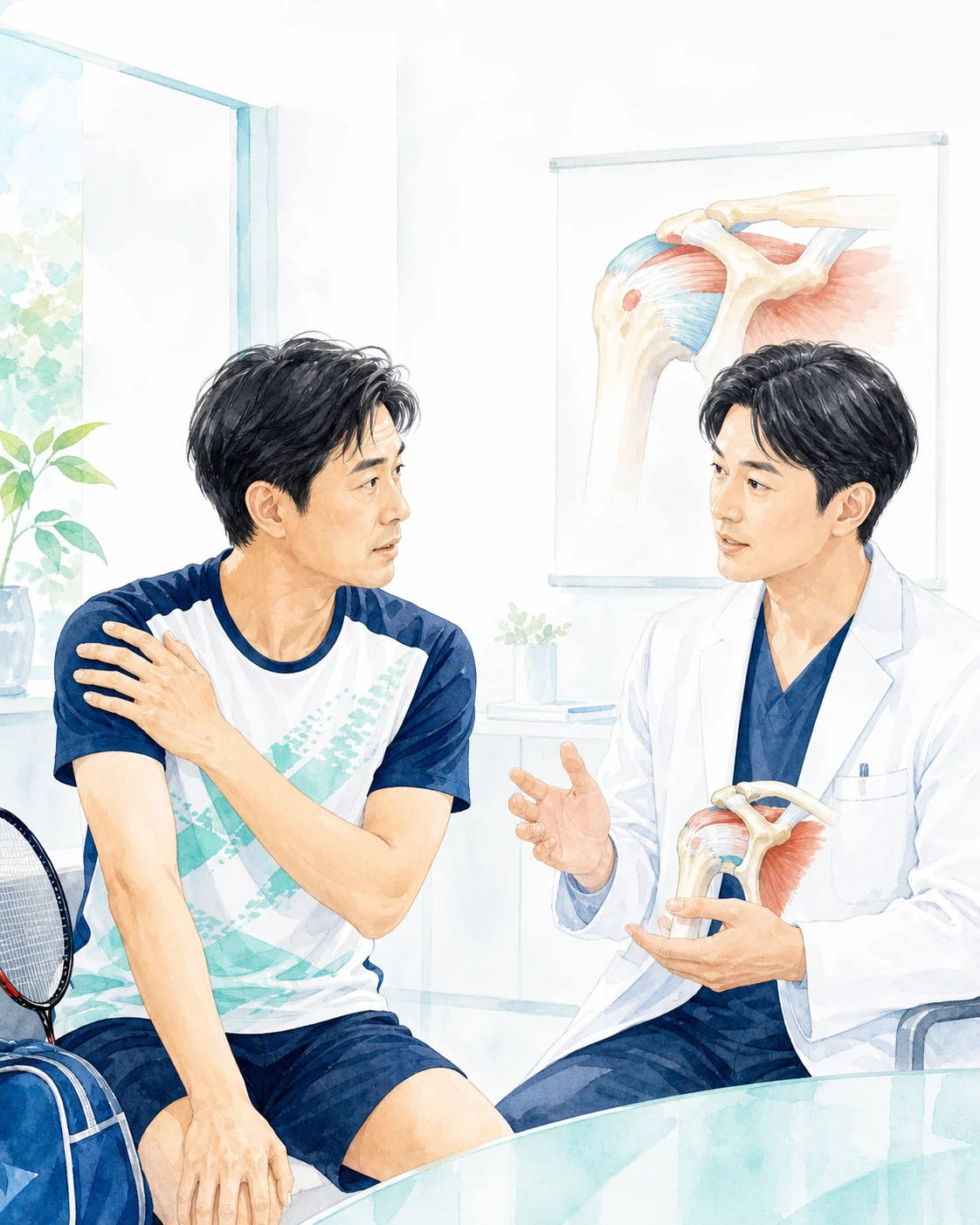 腱板部分断裂について医師へ相談する日本人患者を描いたイメージ