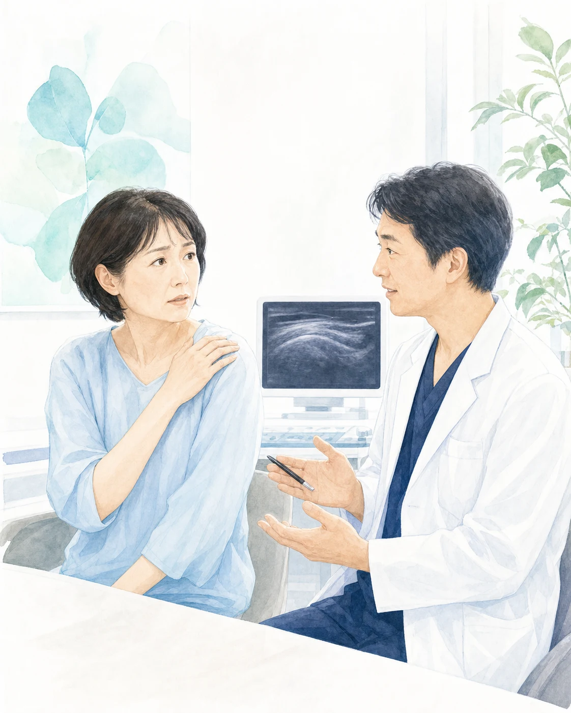 肩の石灰性腱炎について医師へ相談する日本人患者を描いたイメージ