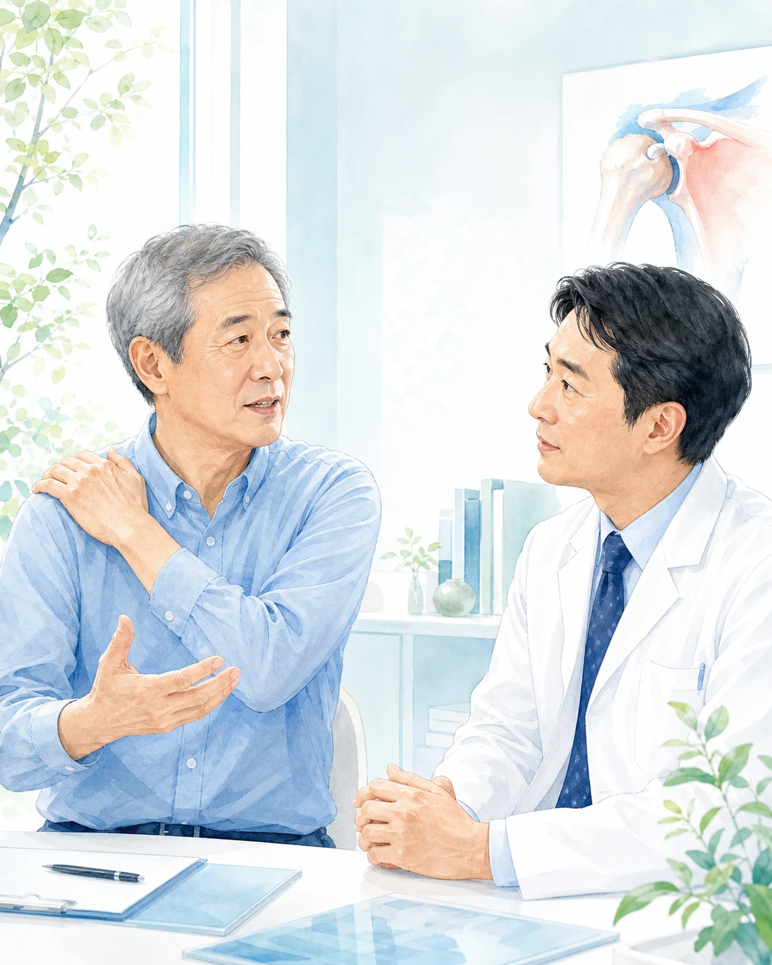 肩関節症について医師へ相談する日本人患者を描いたイメージ