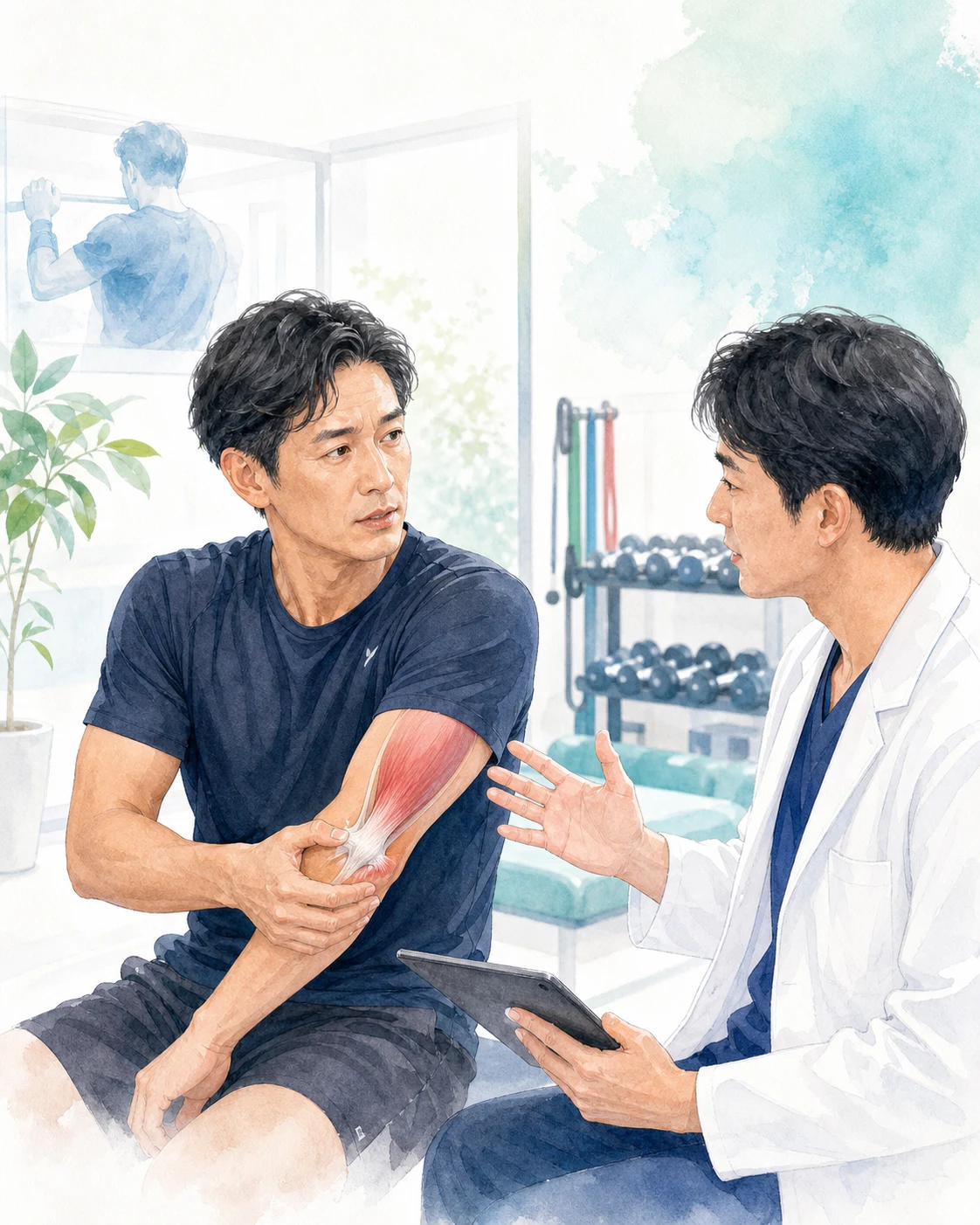 遠位上腕三頭筋腱損傷を相談する日本人患者のイメージ