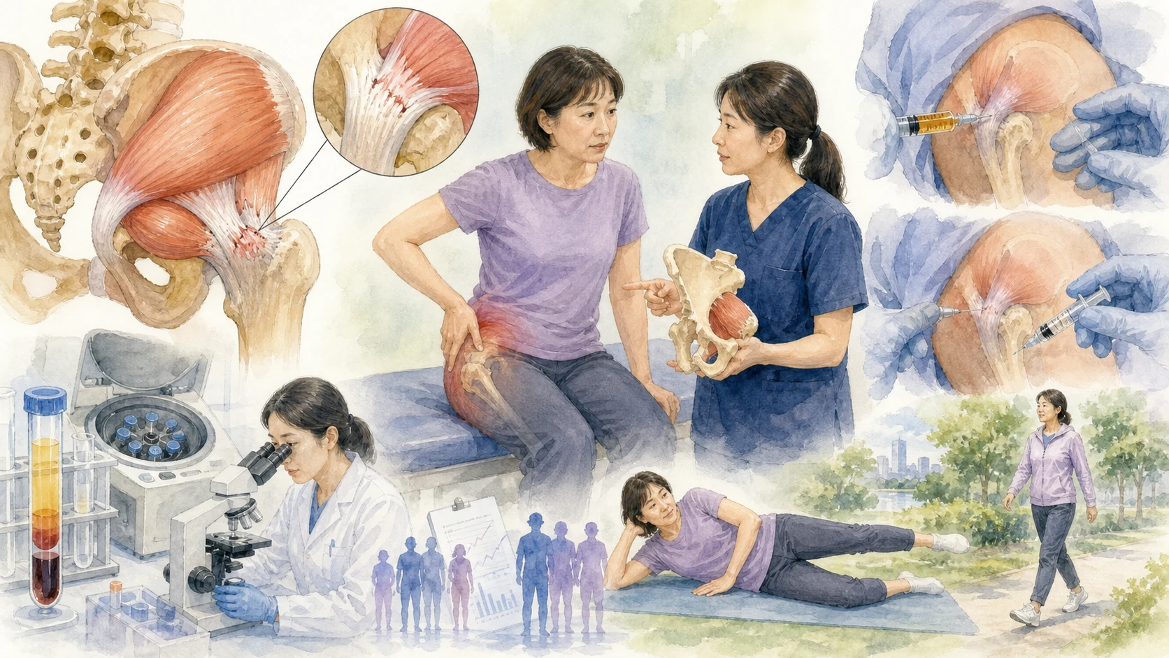 殿筋腱障害のPRP研究を整理した図解