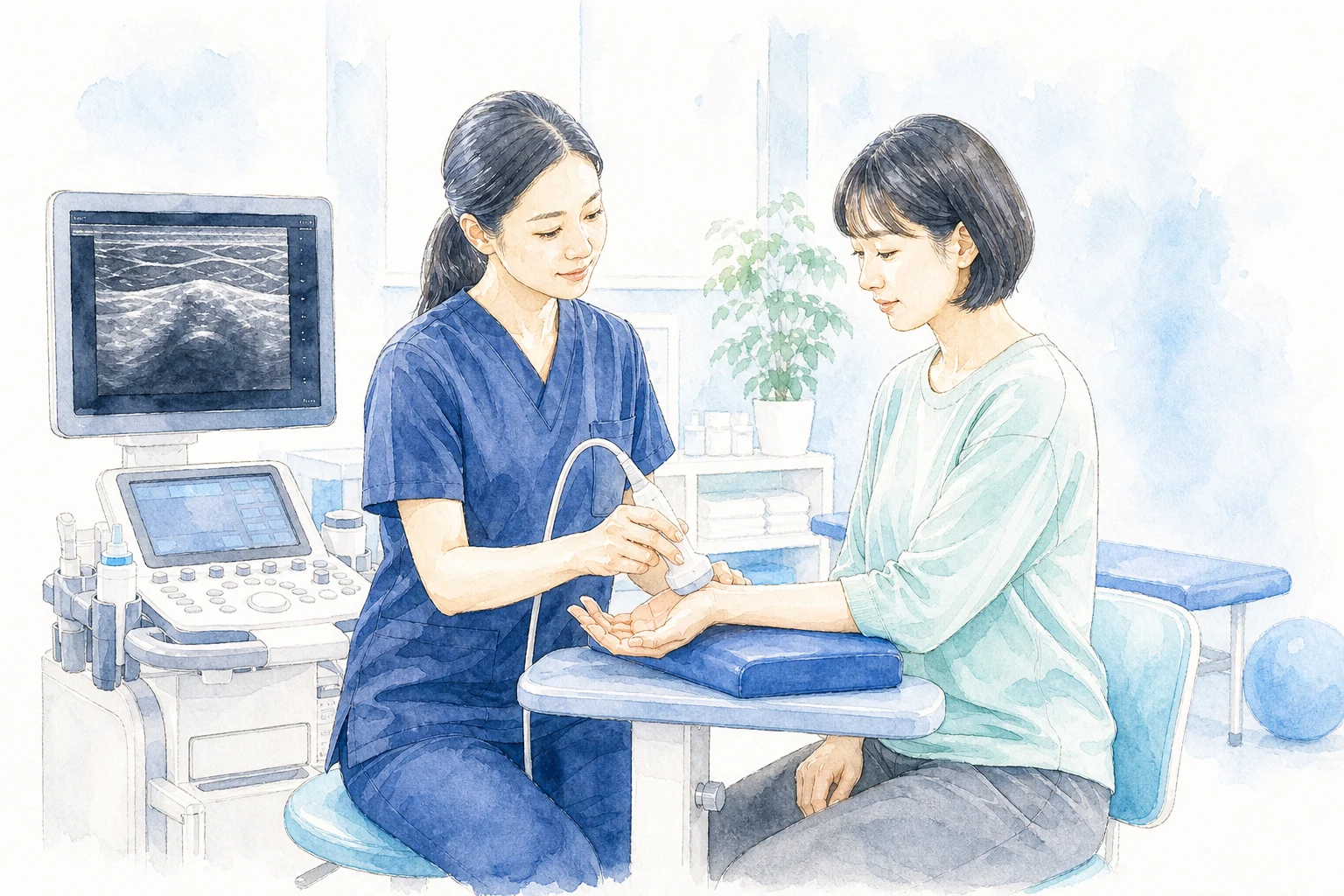 手根管と正中神経をエコーで確認するイメージ