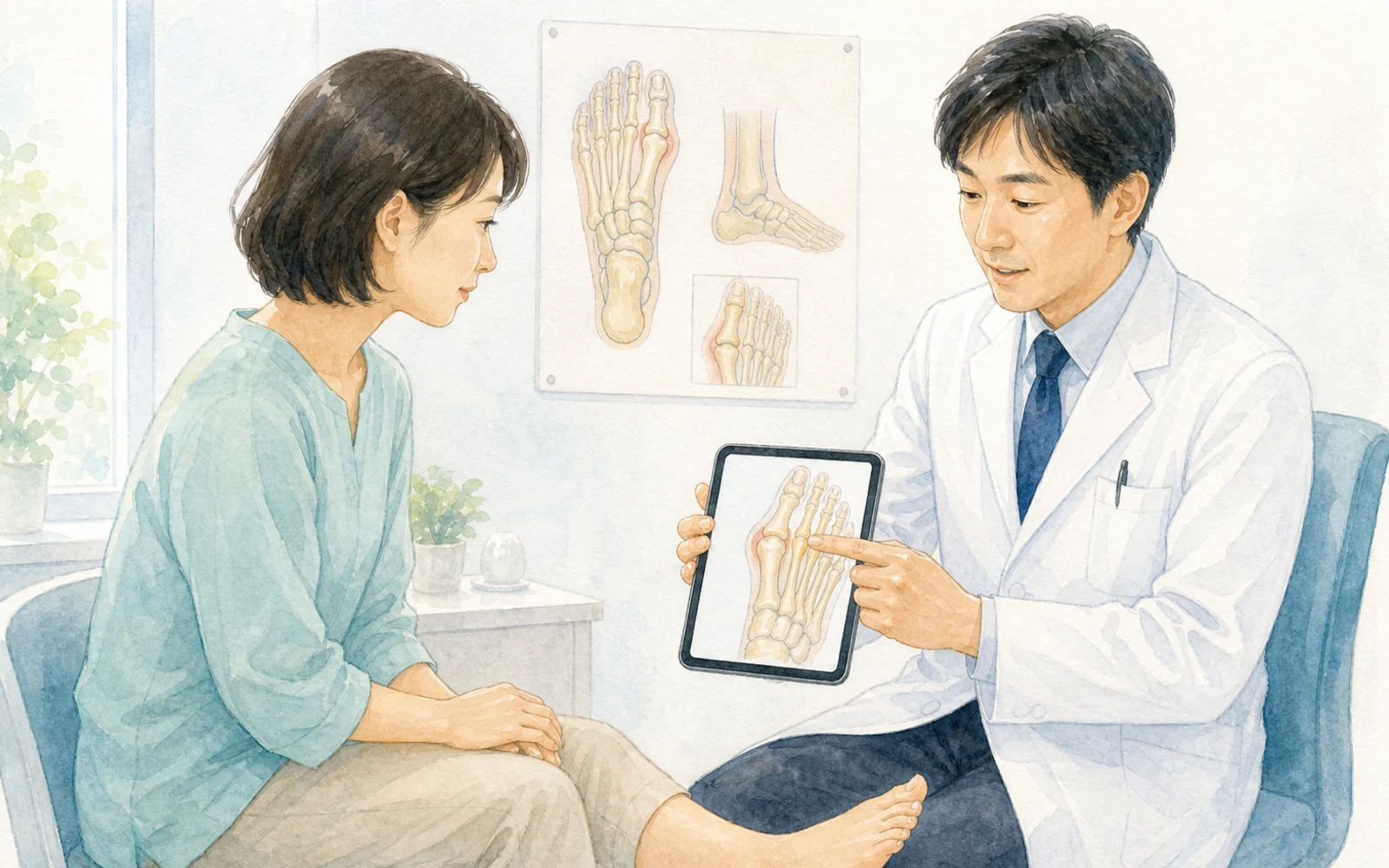 外反母趾と親指の付け根の痛みについて治療の限界と安全性を説明する医師の水彩イラスト