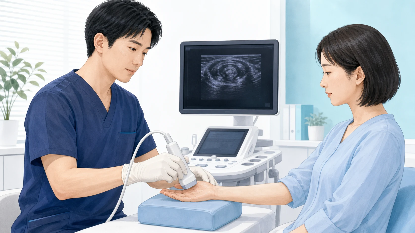 エコーで指の腱と腱鞘を確認するイメージ