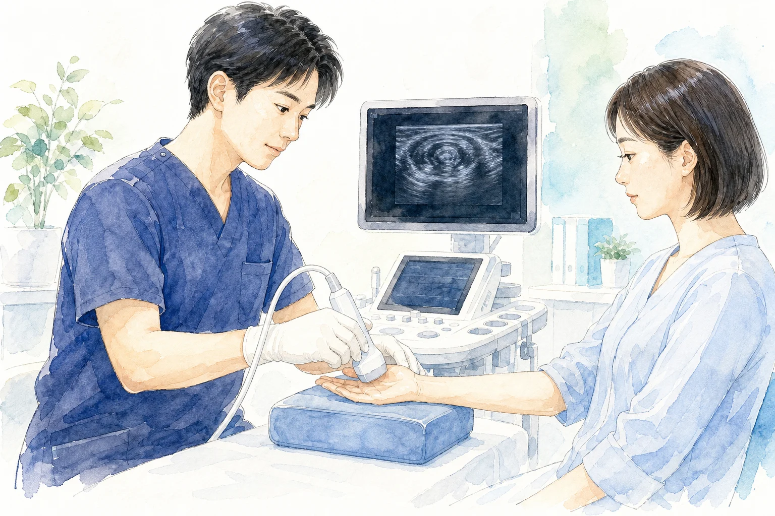 エコーで指の腱と腱鞘を確認するイメージ
