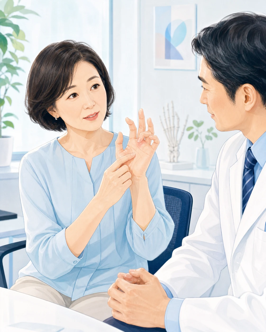 ばね指の引っかかりを医師へ相談する患者のイメージ