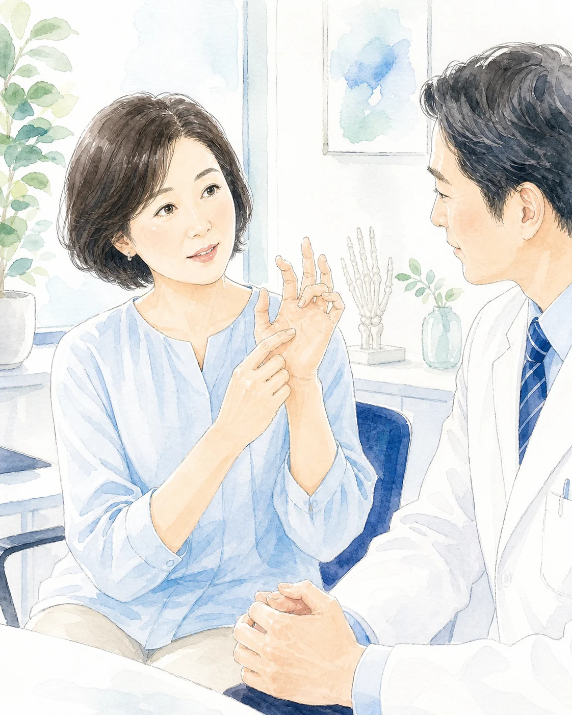 ばね指の引っかかりを医師へ相談する患者のイメージ