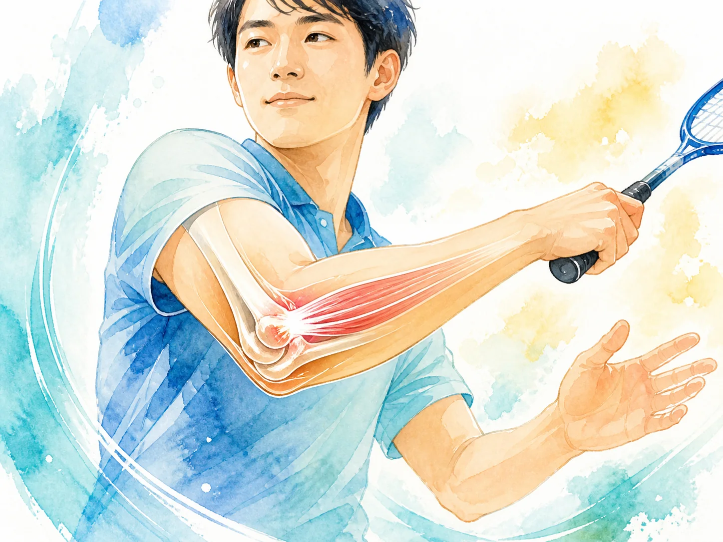 テニスラケットを振る人と肘関節の拡大図を描いた水彩イラスト