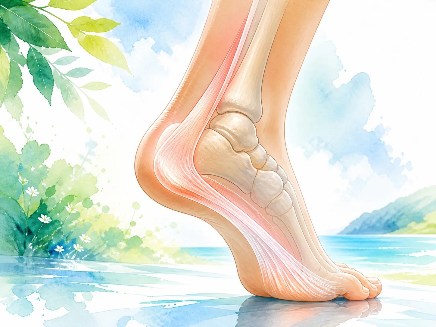 足と足関節の内部構造を描いた水彩イラスト