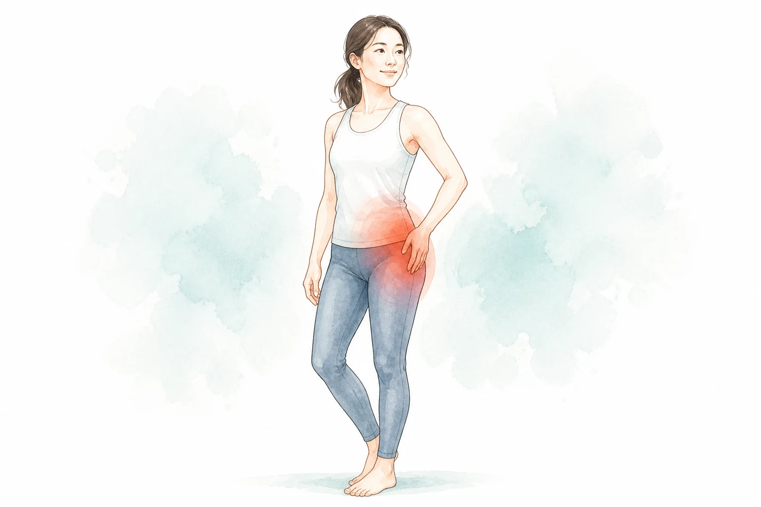 股関節付近を押さえる人の水彩イラスト