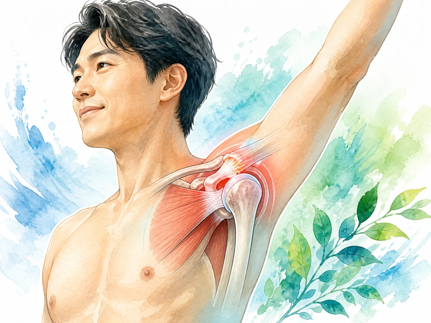 腕を上げた人と肩関節の拡大図を描いた水彩イラスト