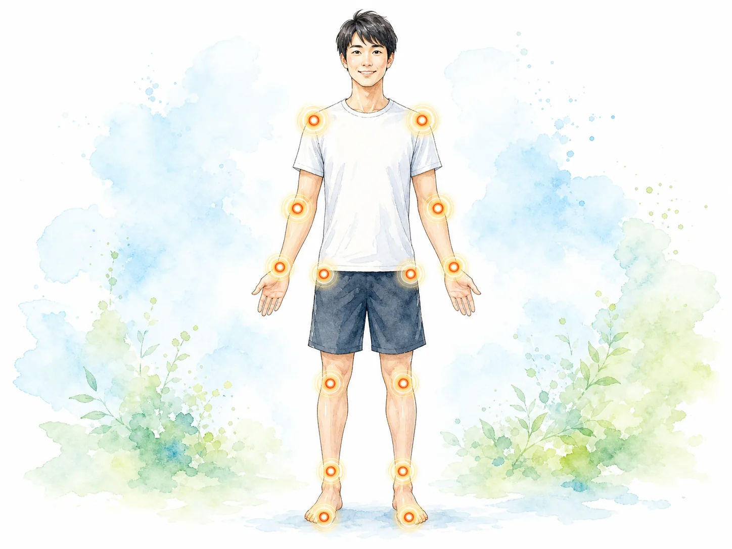 PRP療法で検討される全身の関節・腱・靱帯を正面から示す水彩イラスト