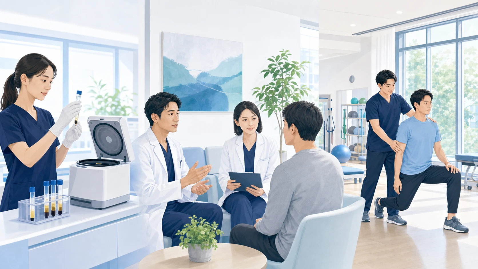 院内でのPRP調製、専門医による診察、リハビリを一体的に行う様子を描いたイメージ